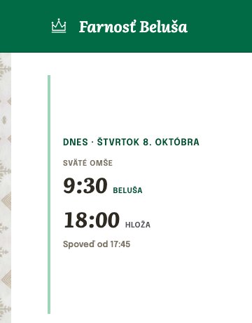 Výrez zo skutočného webu farnosti Beluša: zelená hlavička a blok Dnes so sviatymi omšami.